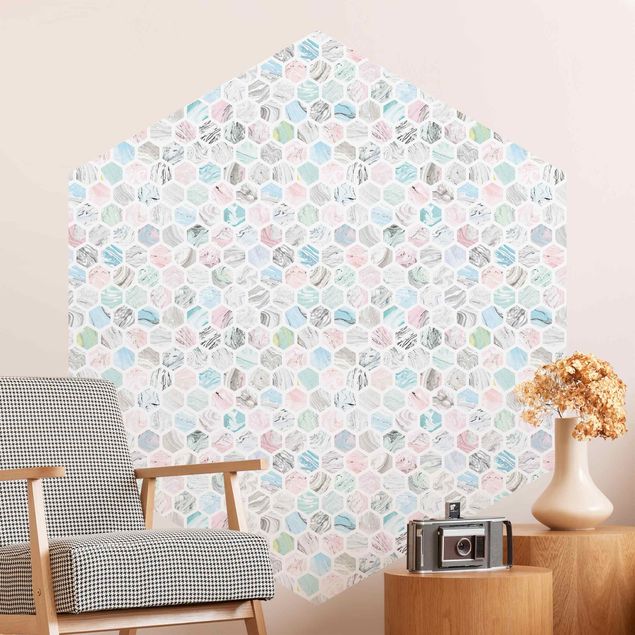 Marmor tapet Marble Hexagons Rose And Sea Blue