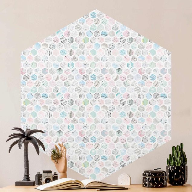 Geometrisk tapet Marble Hexagons Rose And Sea Blue