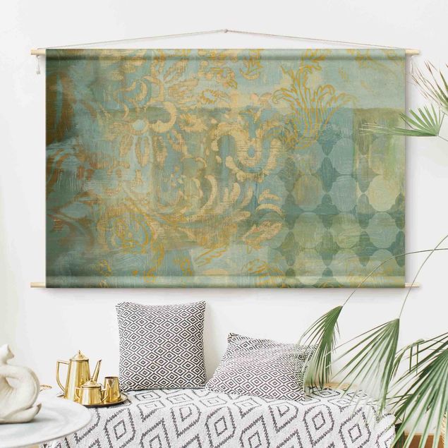 Vægtæppe boho modern Moroccan Collage In Gold And Turquoise