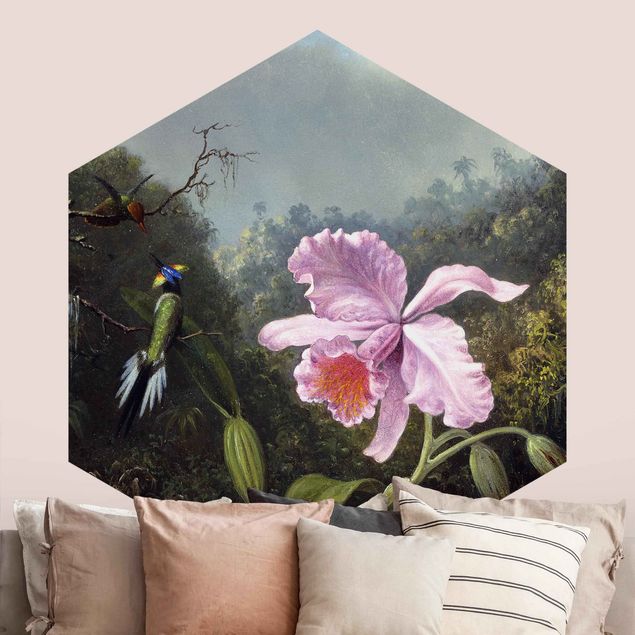 køkken dekorationer Martin Johnson Heade - Still Life With An Orchid And A Pair Of Hummingbirds