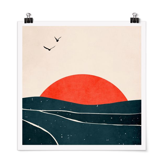 Plakater kunsttryk Ocean In Front Of Red Sun