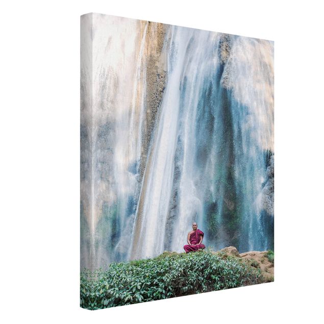 Billeder på lærred spirituelt Monk At Waterfall