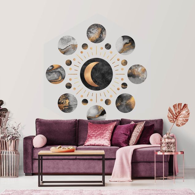 Sekskantede Tapeter Moon Phases Abstract Gold