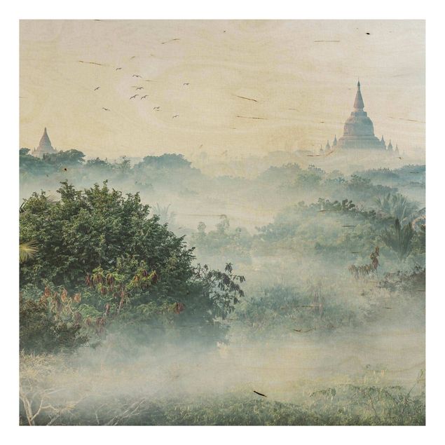 Prints på træ landskaber Morning Fog Over The Jungle Of Bagan