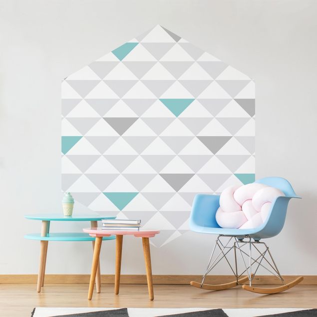 Tapet med mønster No.YK64 Triangles Gray White Turquoise