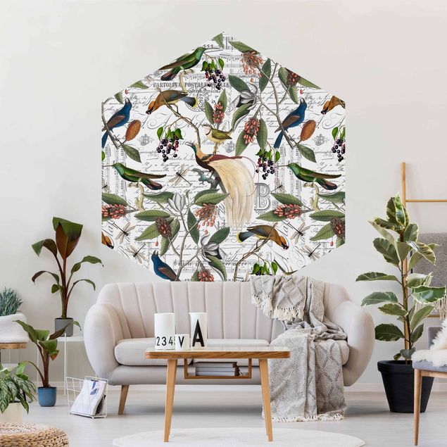 Tapet blomster Nostalgic Berry Blues With Birds of Paradise