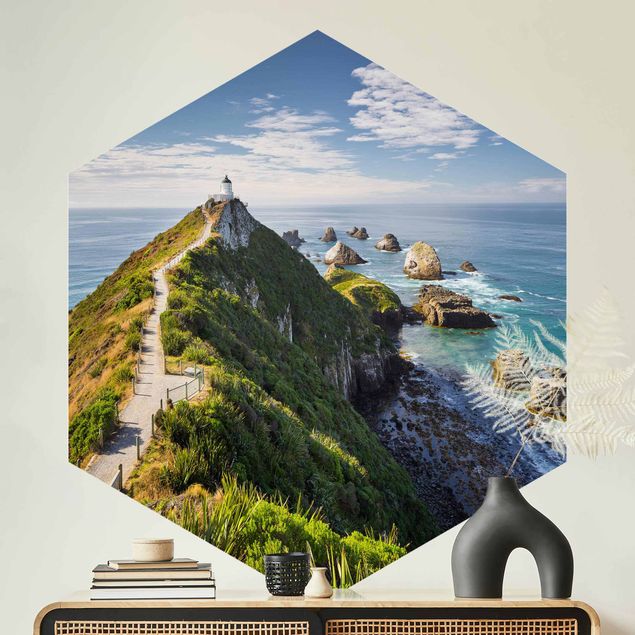 Fototapet bjerge Nugget Point Lighthouse And Sea New Zealand