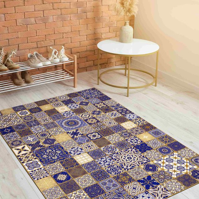 Tæpper fliselook Oriental Tiles Blue With Golden Shimmer