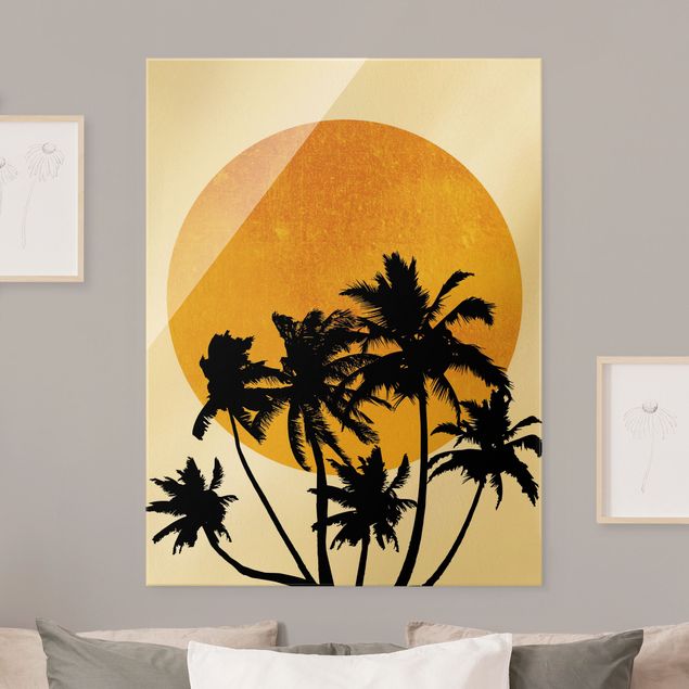 Glasbilleder landskaber Palm Trees In Front Of Golden Sun