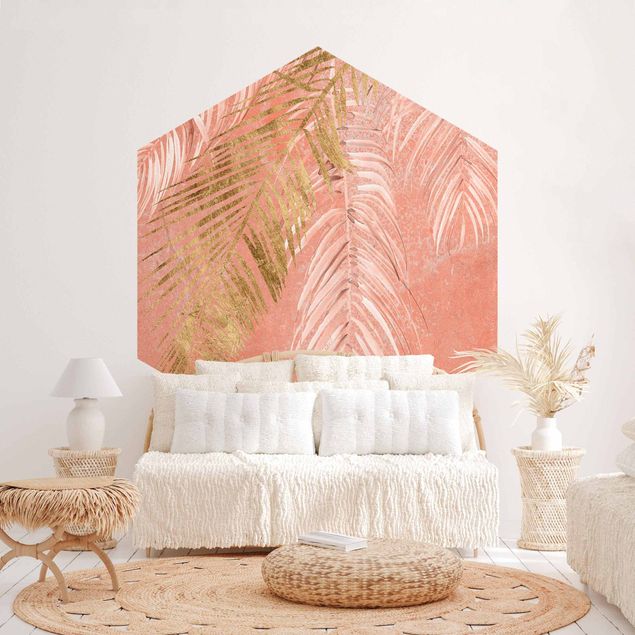 Moderne tapet Palm Fronds In Pink And Gold I