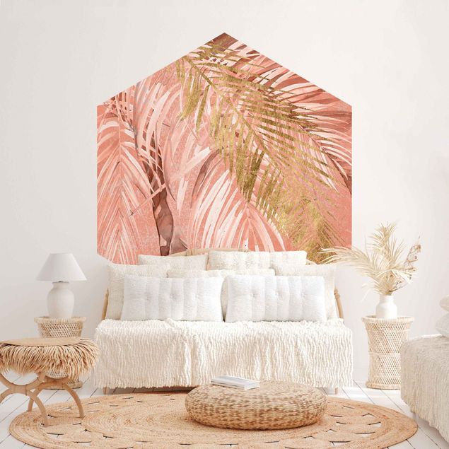 Moderne tapet Palm Fronds In Pink And Gold II