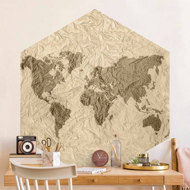 Tapet moderne Paper World Map Beige Brown