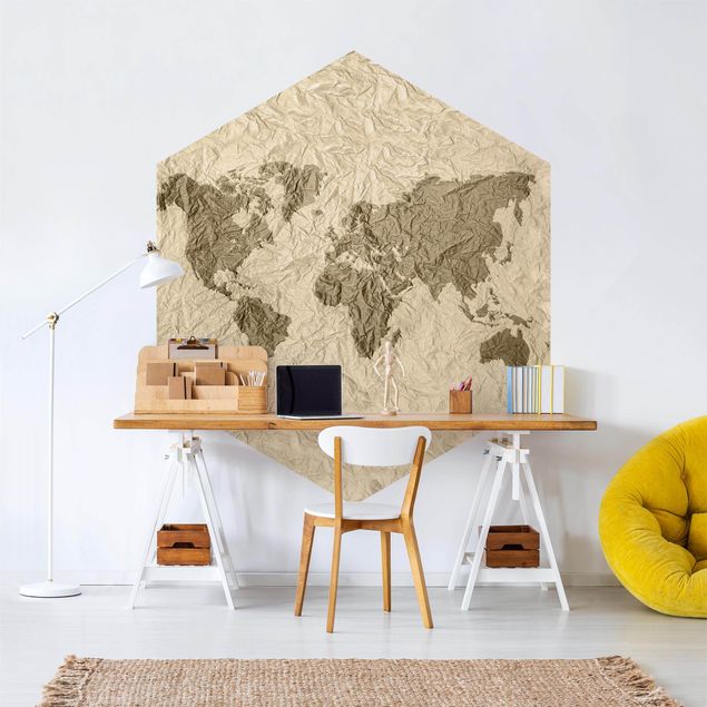Verdenskort tapet Paper World Map Beige Brown
