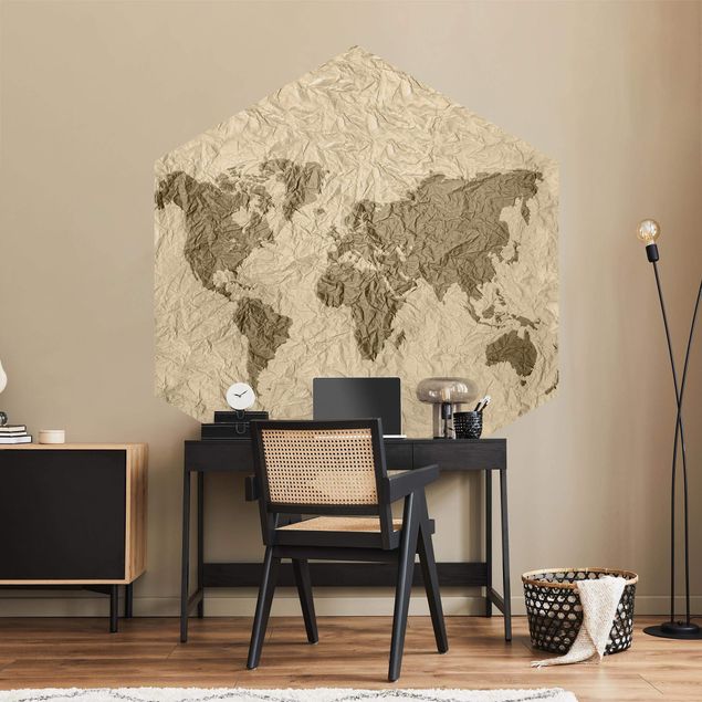 Sekskantede Tapeter Paper World Map Beige Brown