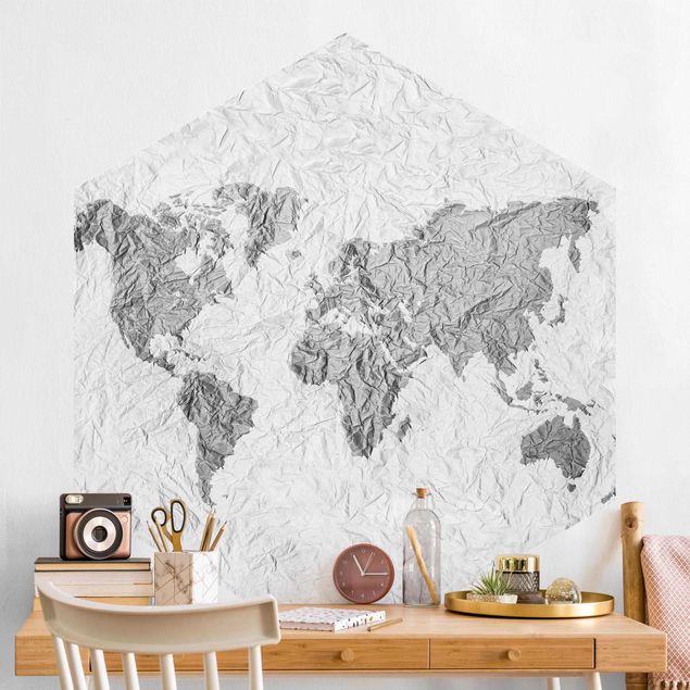 Tapet moderne Paper World Map White Gray