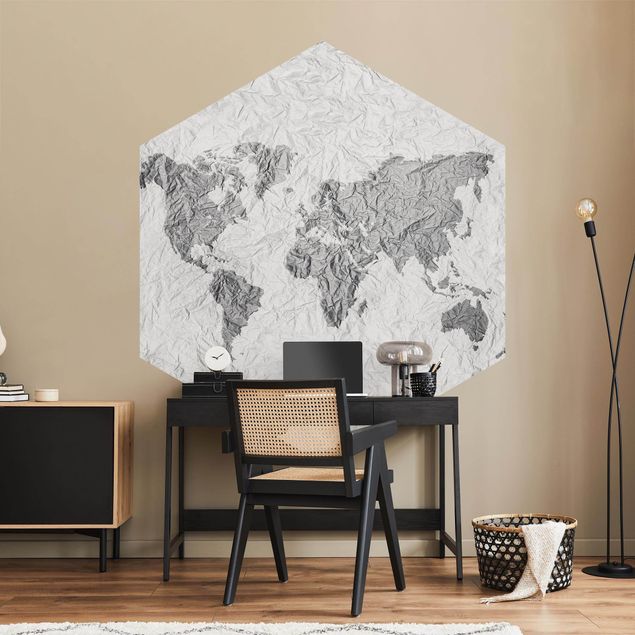 Verdenskort tapet Paper World Map White Gray