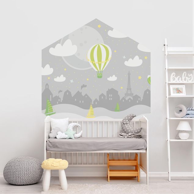 Moderne tapet Paris With Stars And Hot Air Balloon In Grey