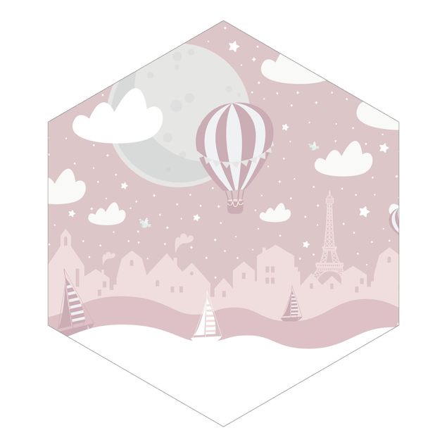Lyserød tapet Paris With Stars And Hot Air Balloon In Pink