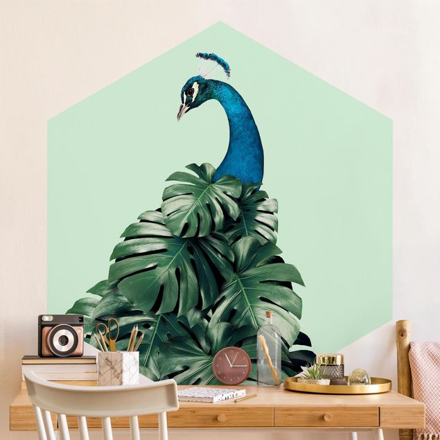 Fugle tapet Peacock With Monstera Leaves