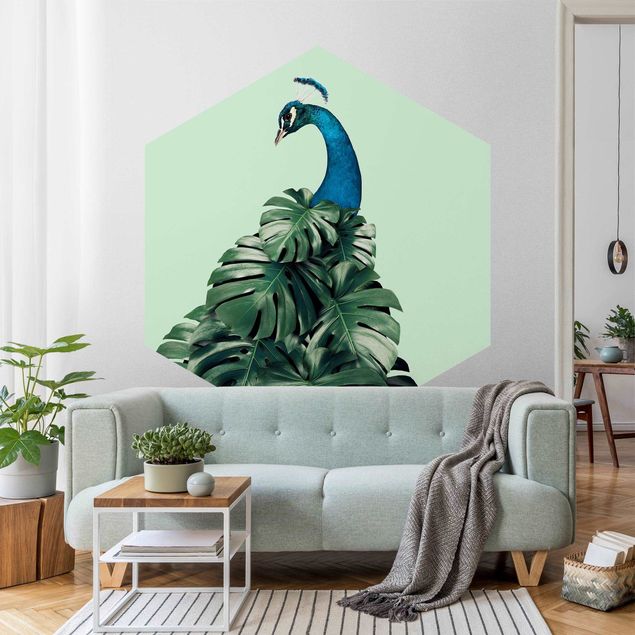 Moderne tapet Peacock With Monstera Leaves