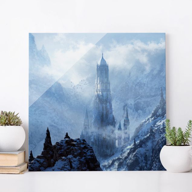 Glasbilleder bjerge Fantasy Castle In Snowy Landscape