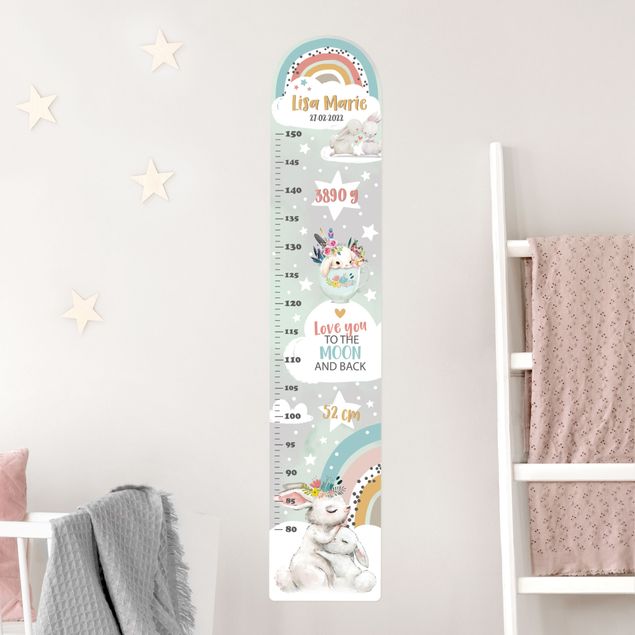 Wallstickers skovens dyr Rainbow rabbits to the moon with custom name