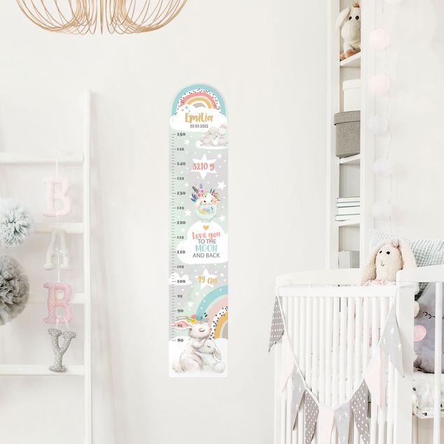 Wallstickers målestave Rainbow rabbits to the moon with custom name