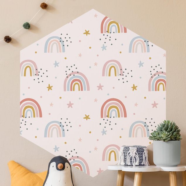Fototapet bjerge Rainbow World With Stars And Dots