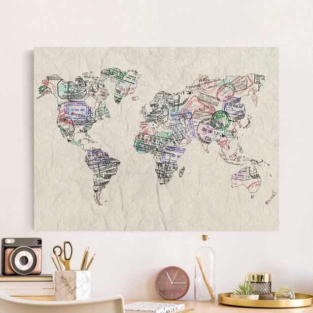Billeder på lærred verdenskort Passport Stamp World Map