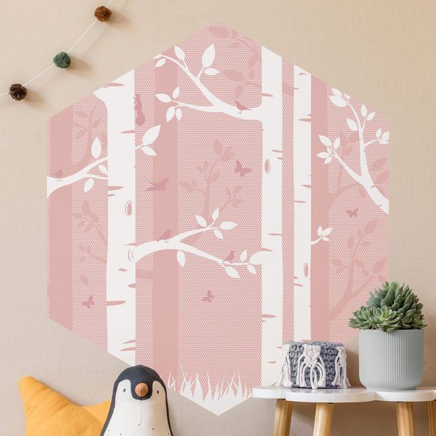 Tapet med sommerfugle Pink Birch Forest With Butterflies And Birds