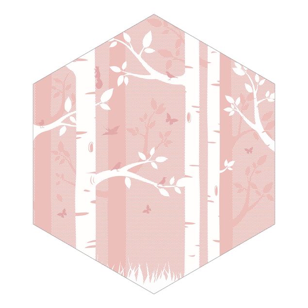 Tapet grå Pink Birch Forest With Butterflies And Birds