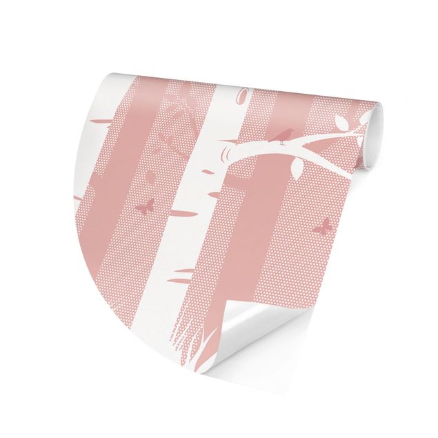 Moderne tapet Pink Birch Forest With Butterflies And Birds