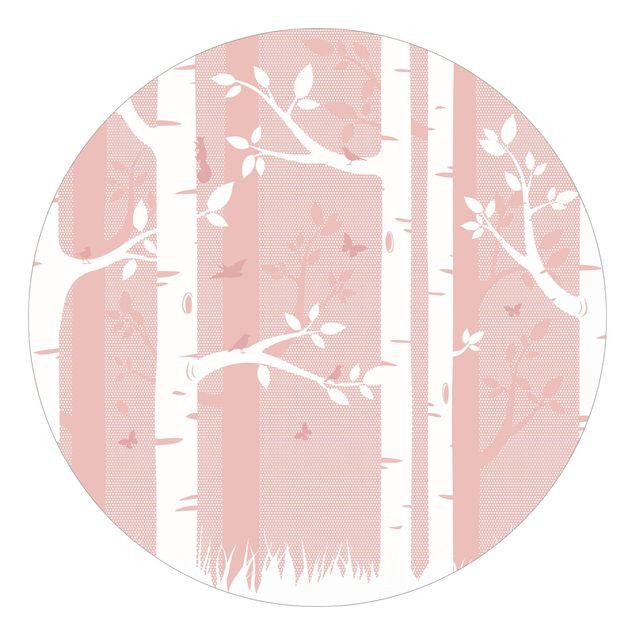Fototapet landskaber Pink Birch Forest With Butterflies And Birds