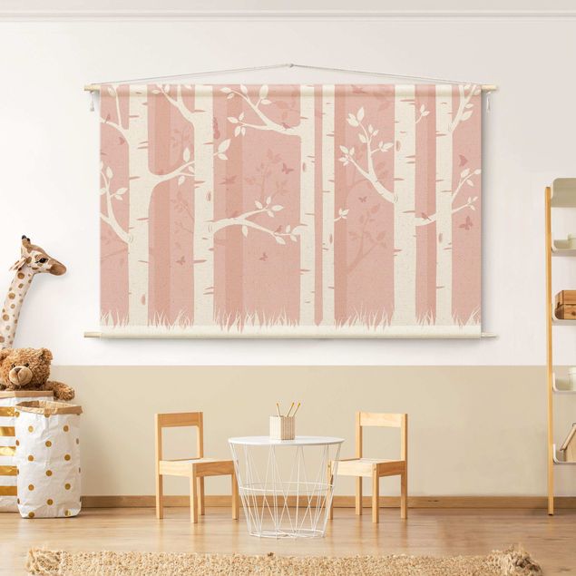 Børneværelse deco Pink Birch Forest With Butterflies And Birds