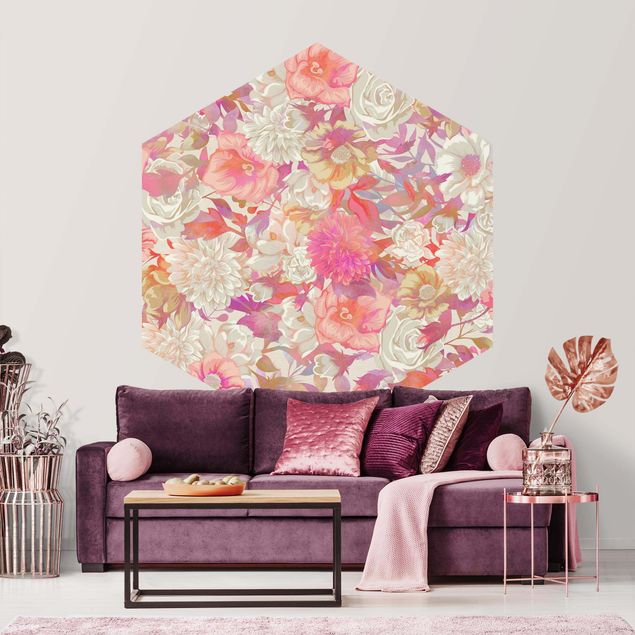 Mønstret tapeter Pink Blossom Dream With Roses