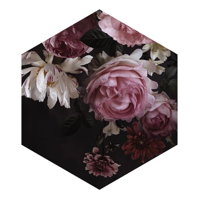 Tapet Pink Flowers On Black Vintage
