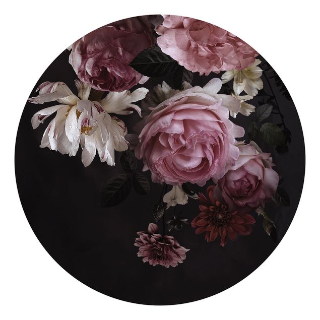 Landlig tapet Pink Flowers On Black Vintage