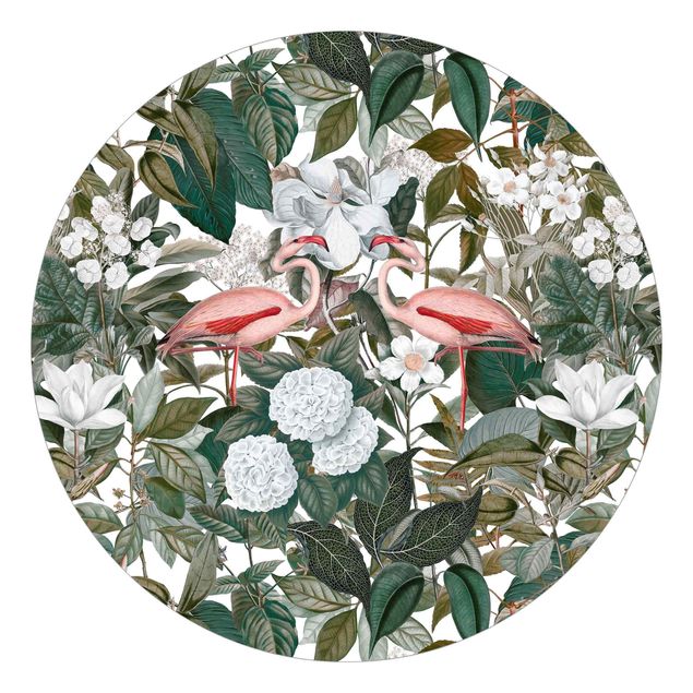 Blomster tapet Pink Flamingos With Leaves And White Flowers