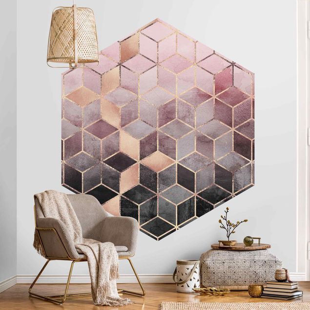 3d tapet Pink Gray Golden Geometry