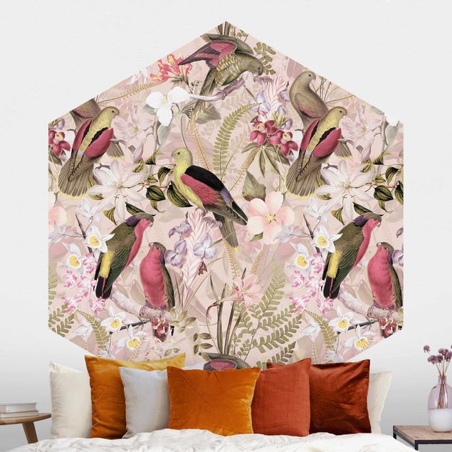 Tapet med fugle Pink Pastel Birds With Flowers
