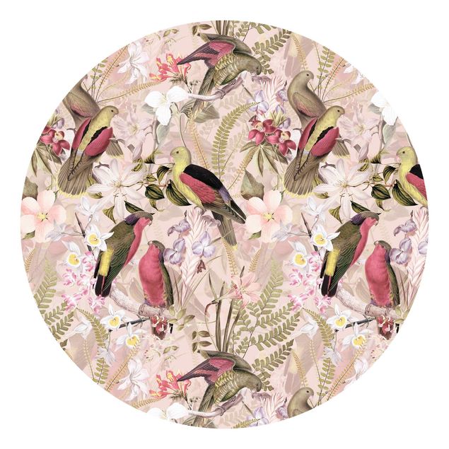 Mønstret tapeter Pink Pastel Birds With Flowers