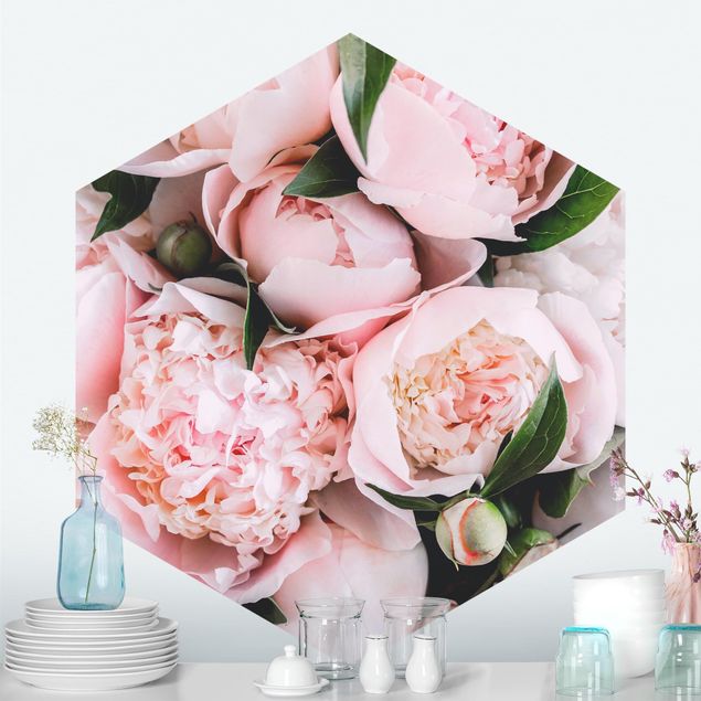 Tapet roser Pink Peonies With Leaves