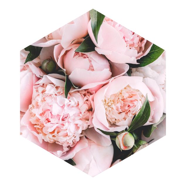 Tapet Pink Peonies With Leaves