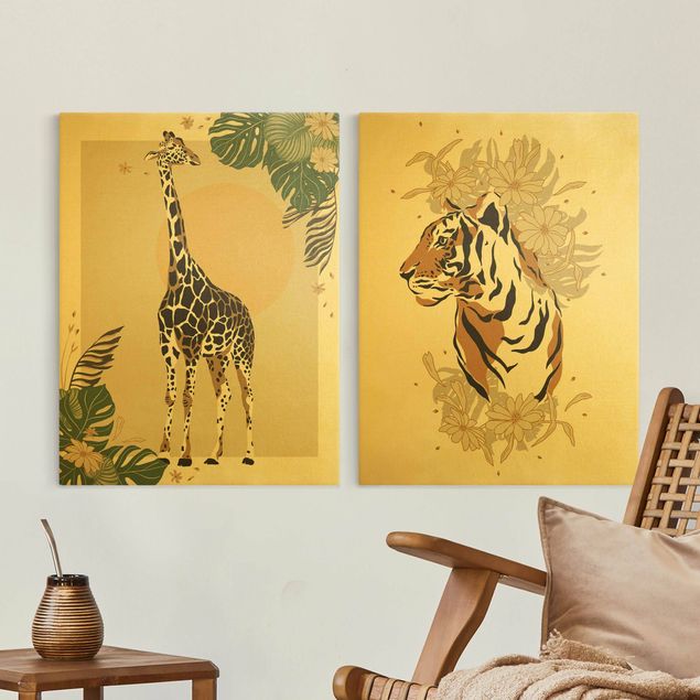 Billeder på lærred giraffer Safari Animals - Giraffe And Tiger