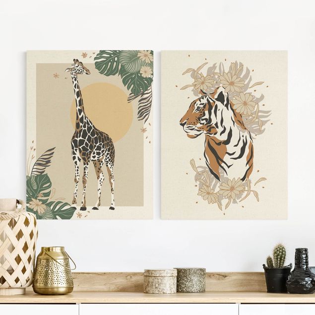 Billeder på lærred giraffer Safari Animals - Giraffe And Tiger