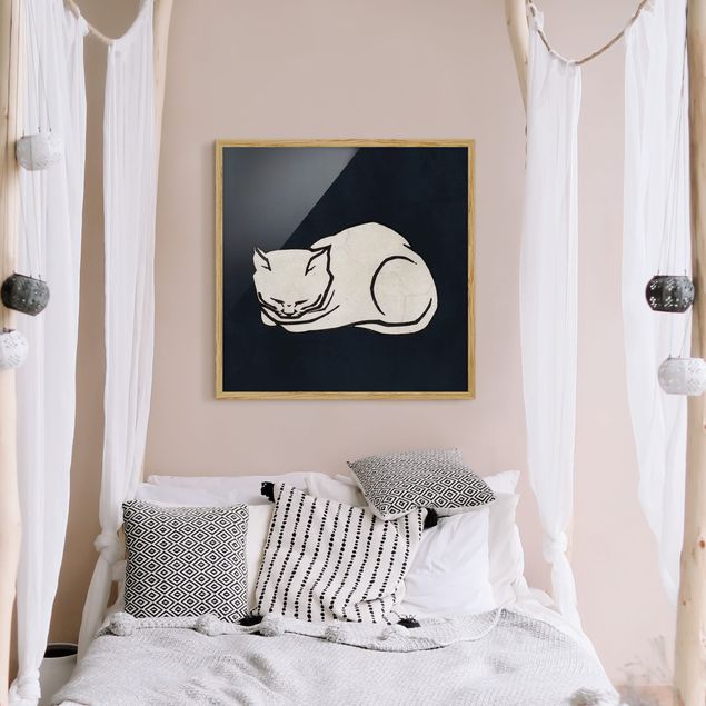 Indrammede plakater sort og hvid Sleeping Cat Illustration