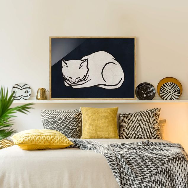 Indrammede plakater sort og hvid Sleeping Cat Illustration