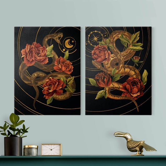 Billeder blomster Snake With Roses Black And Gold Duo