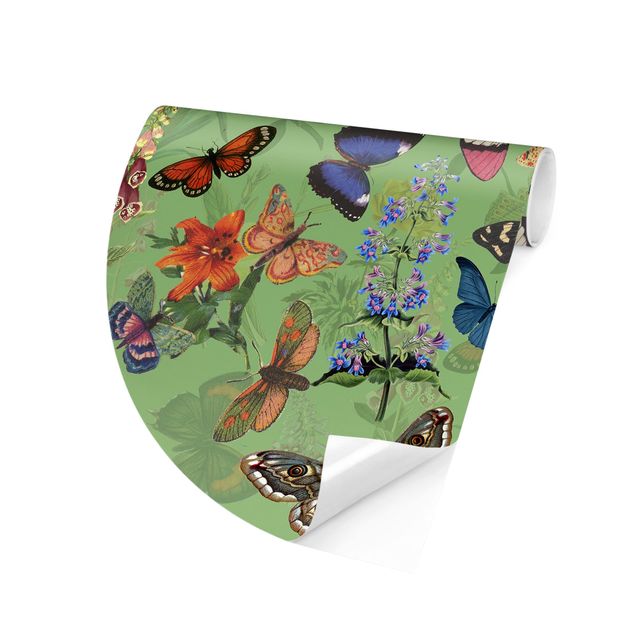 Moderne tapet Butterflies With Flowers On Green