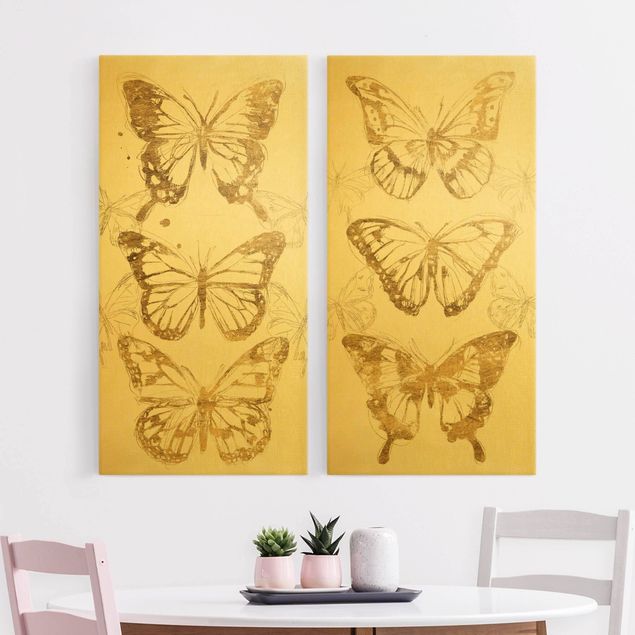 Billeder på lærred sommerfugle Compositions Of Butterflies Gold